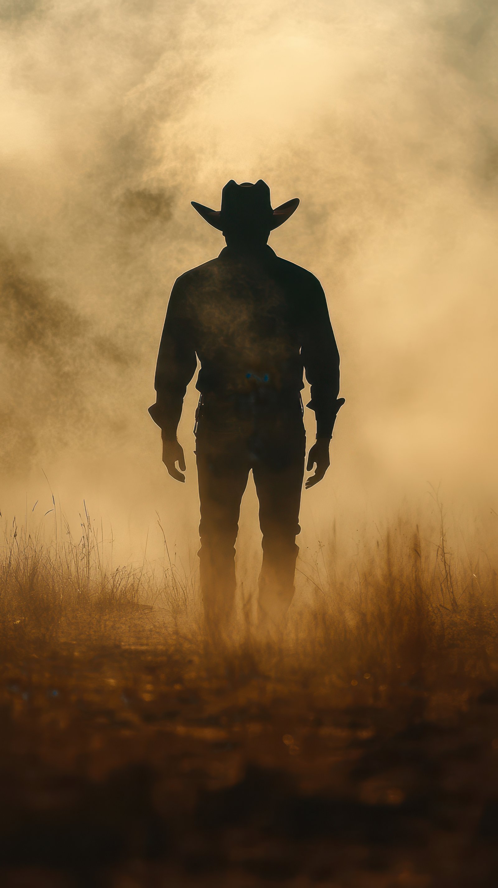 Cowboy silhouette walks through dusty landscape at sunset with dramatic lighting and atmospheric fog